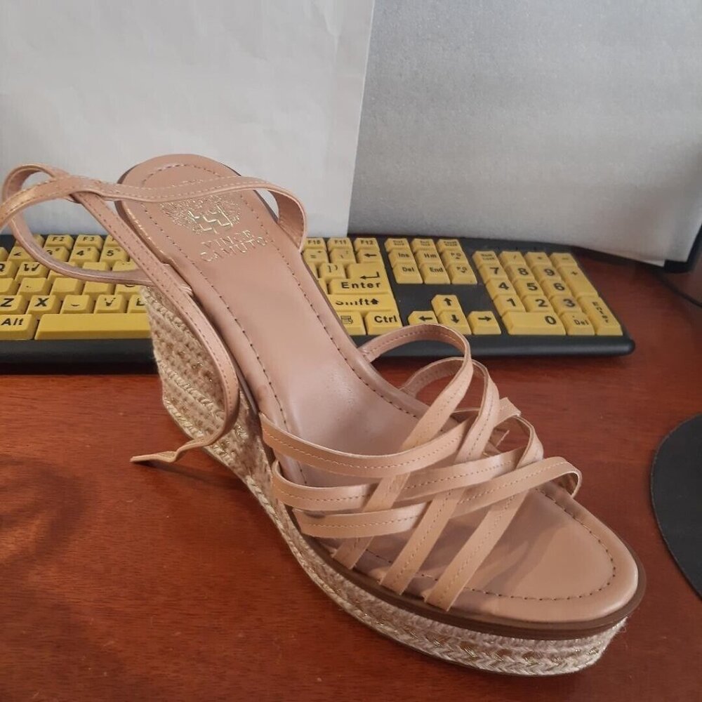 New ! Vince Camuto Parys Leather Platform Espadrille Wedges Sandal Beige Size11